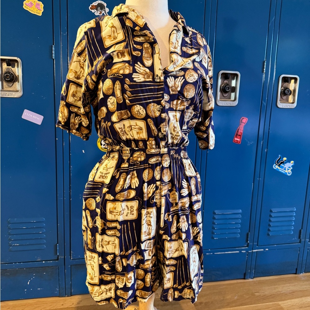 Vintage Golf Print Romper Soft cotton novelty gold navy